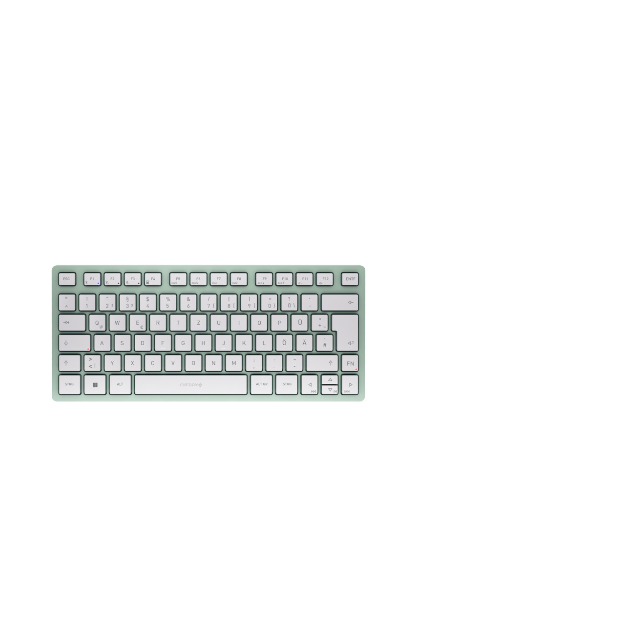Eine mintgrüne Tastatur mit deutschen Tastenbeschriftungen auf weißem Hintergrund.