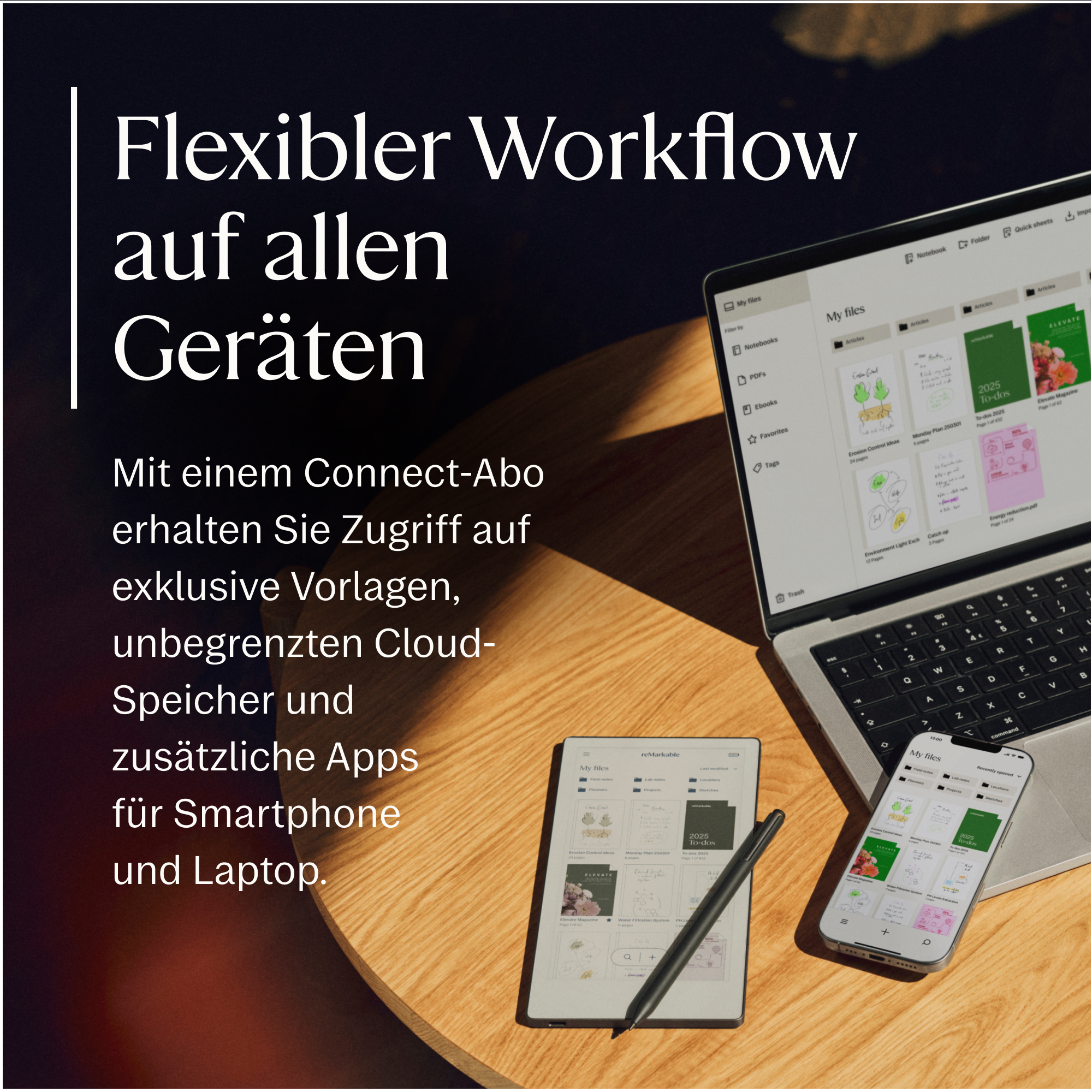 Ein Laptop, ein Smartphone und ein E-Reader auf einem Holztisch. Text: Flexibler Workflow.