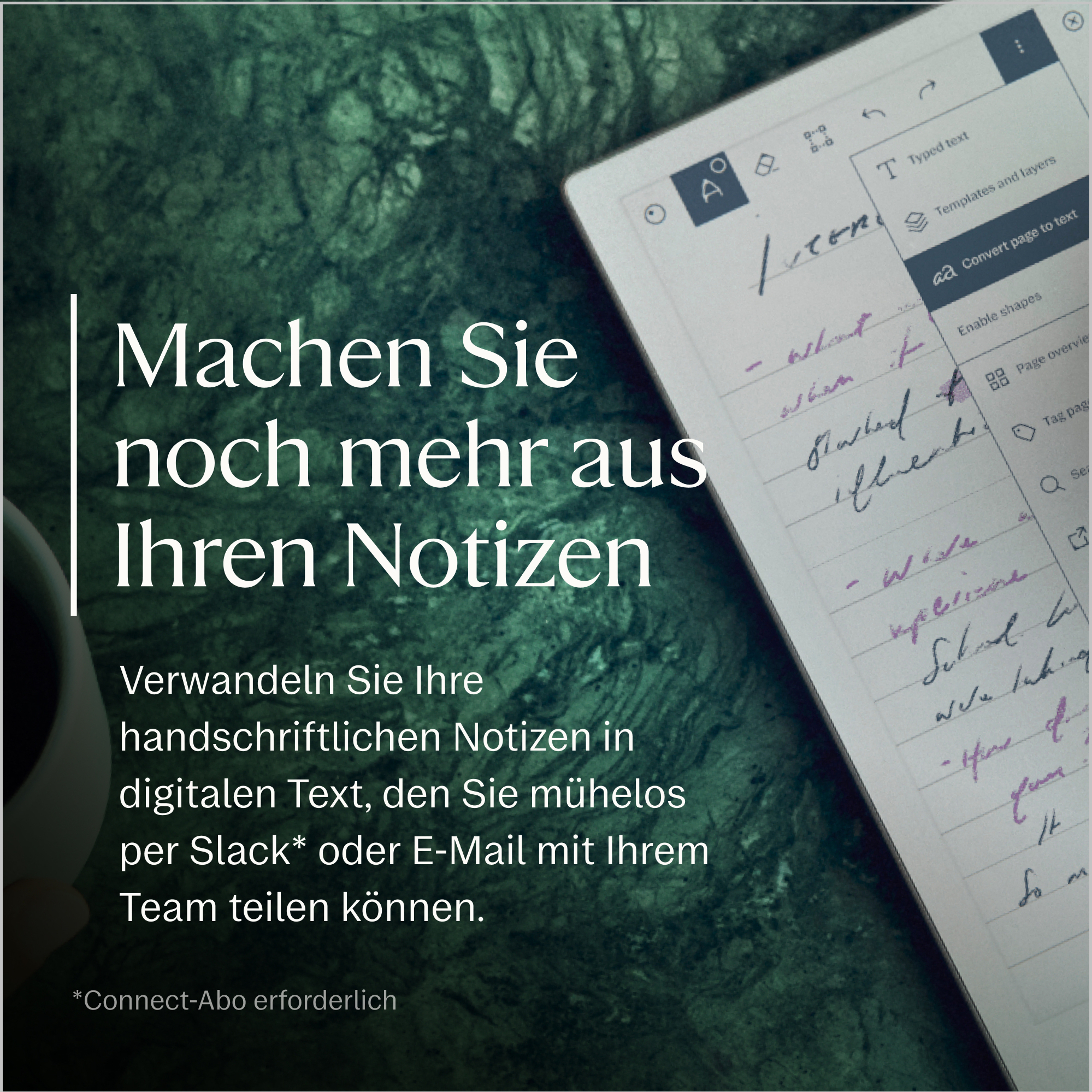 Ein Tablet zeigt eine Notiz-App mit Textumwandlungsoptionen neben deutscher Werbung.