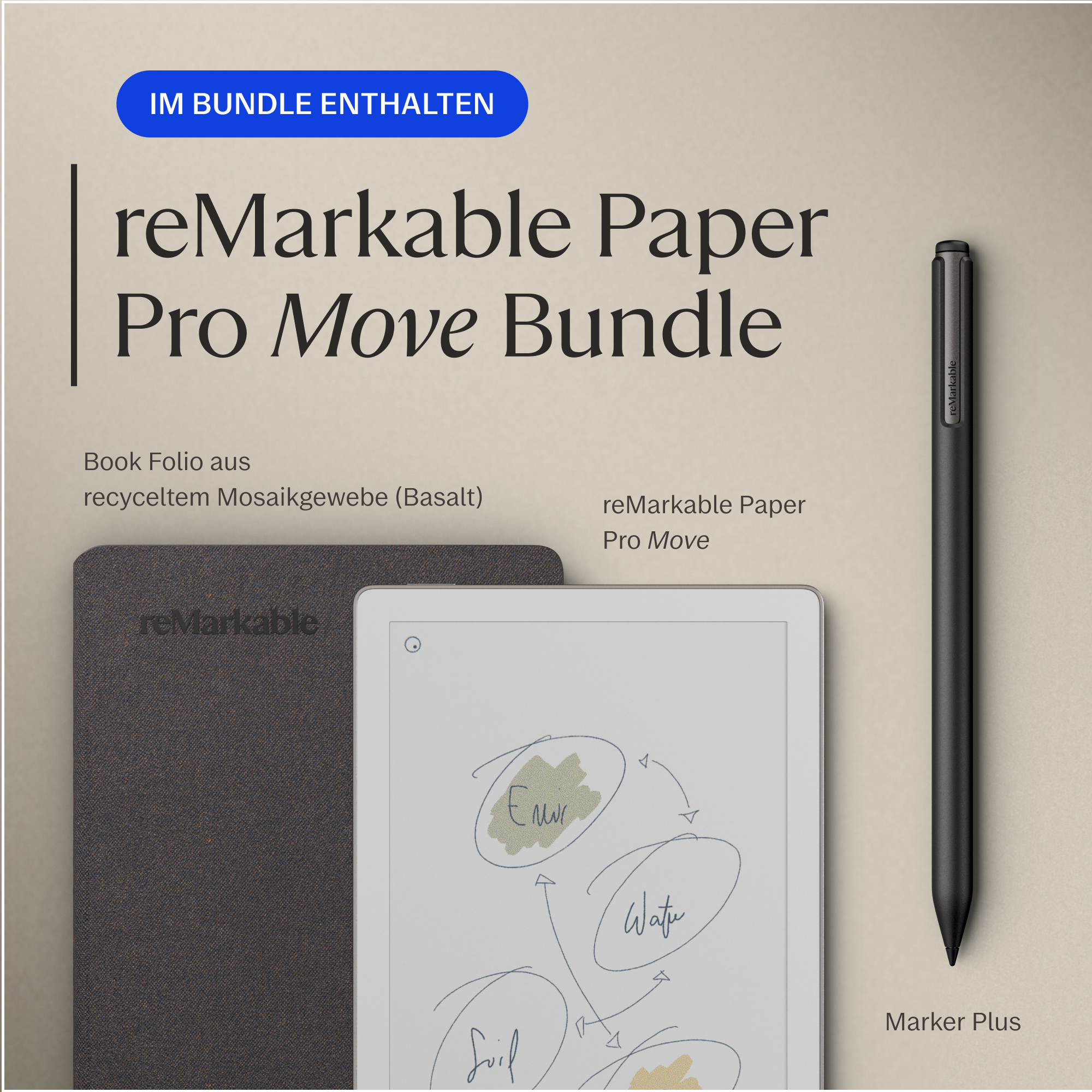 reMarkable Paper Pro Move Bundle mit Stift und Buch-Folie.
