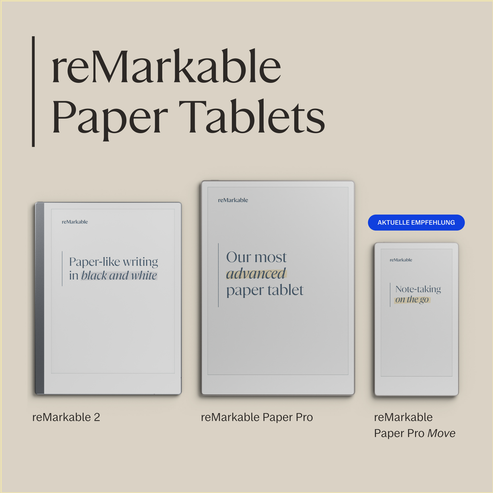Drei reMarkable Tablets: reMarkable 2, Paper Pro und Paper Pro Move.