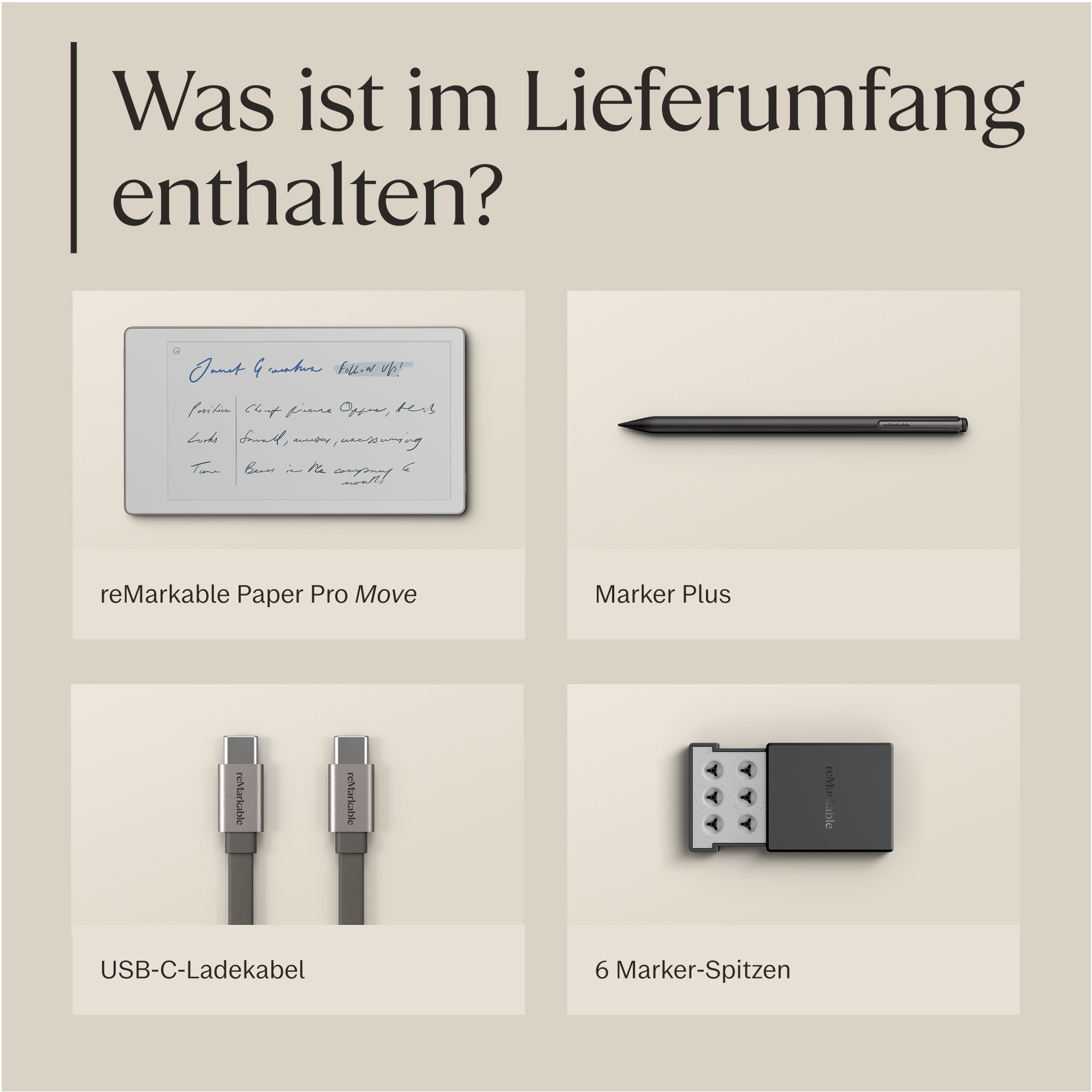 Übersicht: reMarkable Paper Pro Move, Marker Plus, USB-C Kabel, Spitzen.