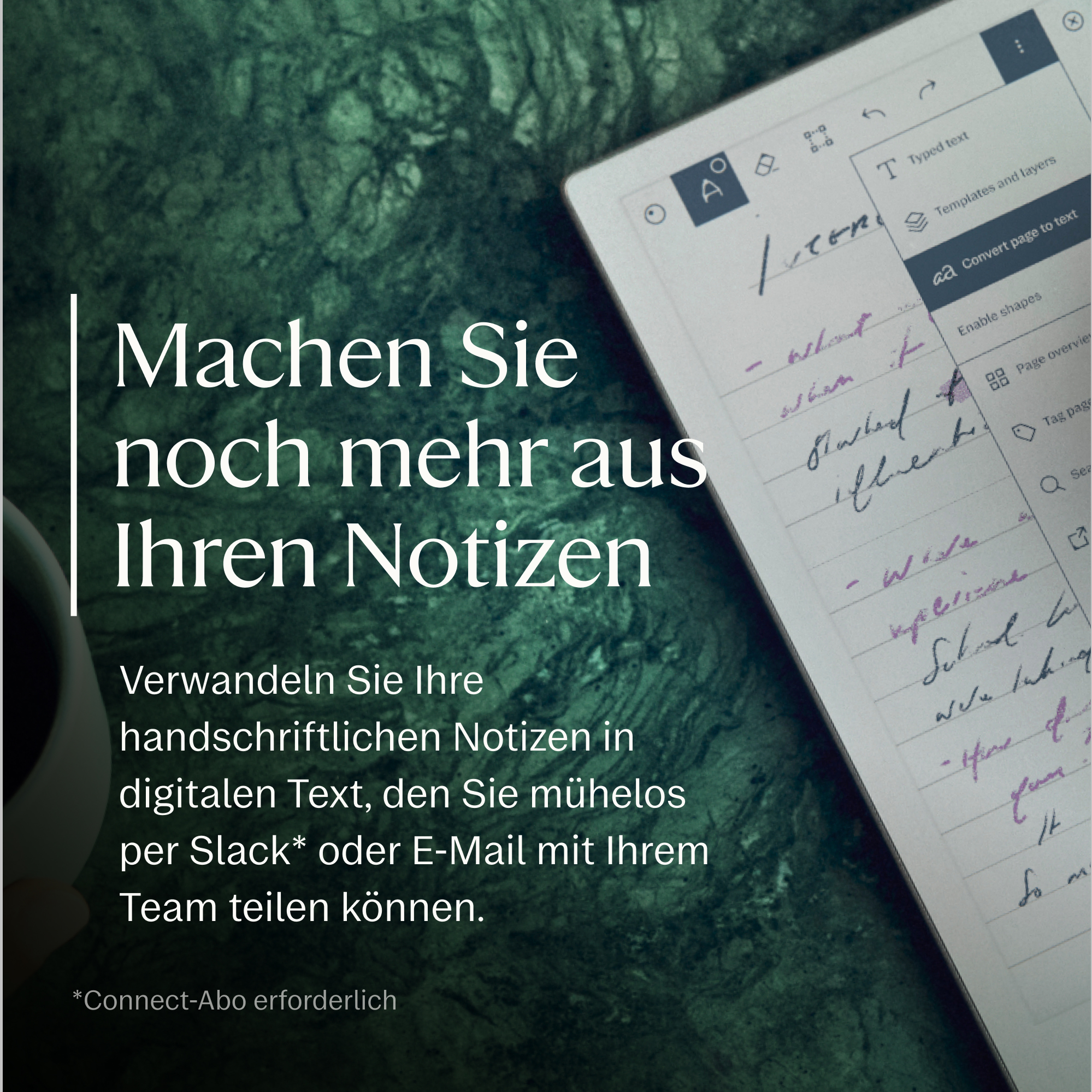 Ein Tablet zeigt handschriftliche Notizen und Textoptionen auf einem dunklen Hintergrund.