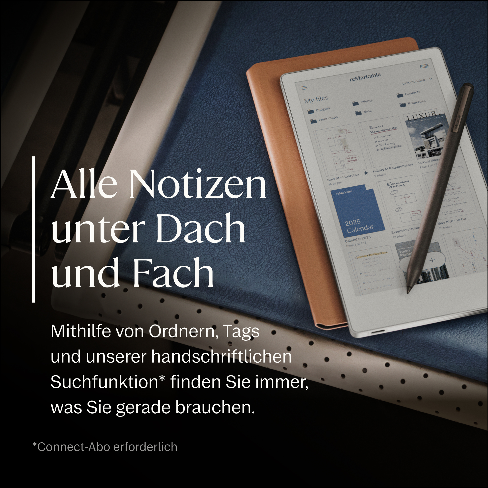 Ein ReMarkable-Tablet mit Stift liegt auf einem Notizbuch. Texte auf Deutsch.