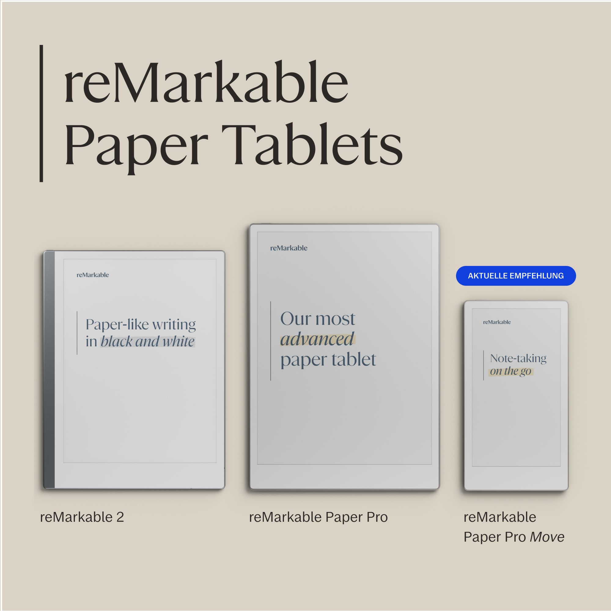 Drei reMarkable Paper Tablets: reMarkable 2, Paper Pro und Paper Pro Move.