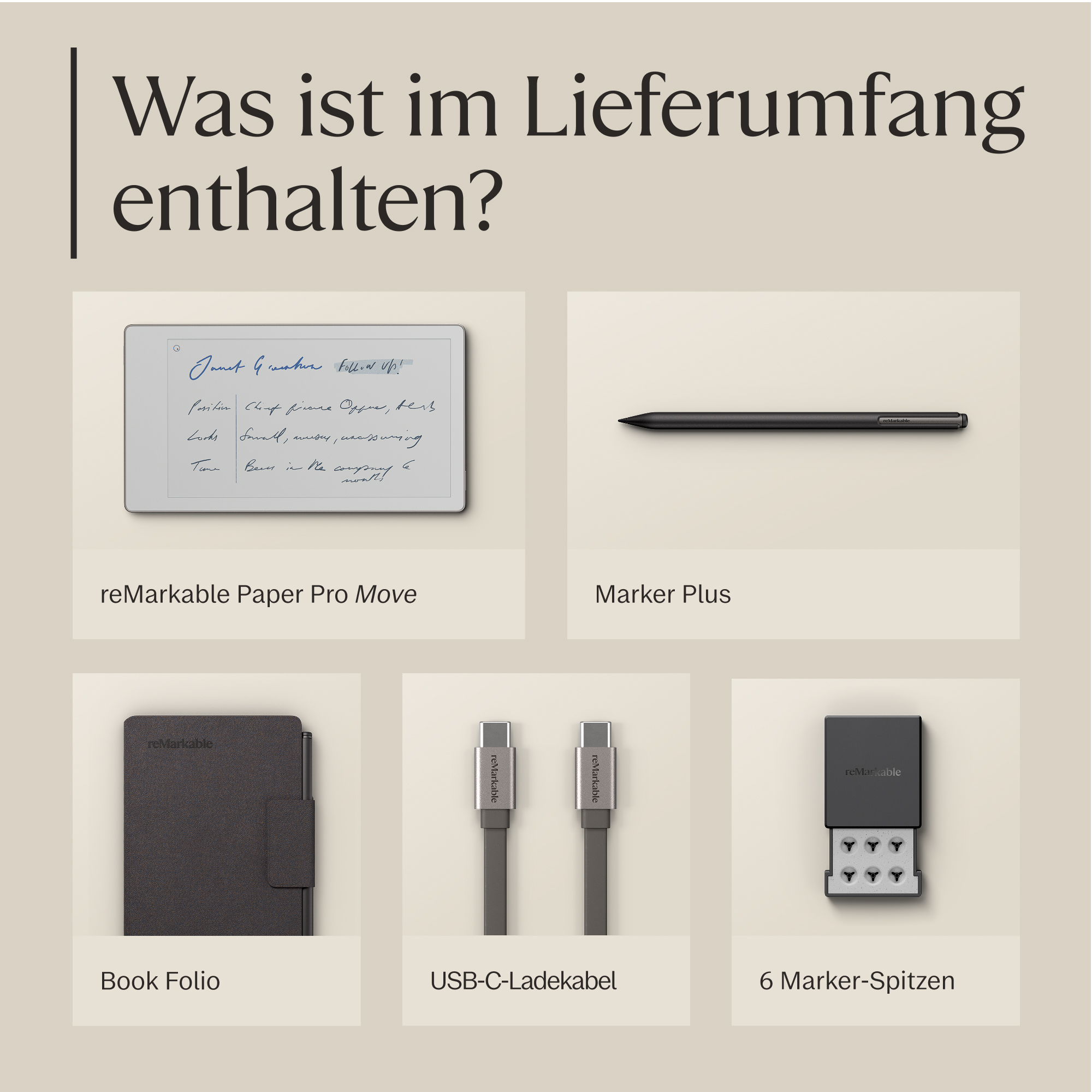 Der Lieferumfang zeigt ein Tablet, einen Stift, eine Hülle, Kabel und Stiftspitzen.