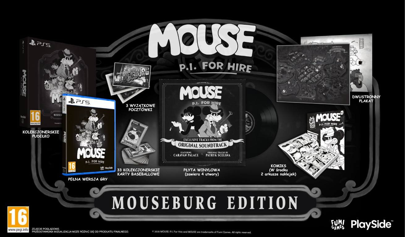 Edycja "Mouseburg Edition" na PS5 zawiera grę, płytę winylową z soundtrackiem, plakat, komiks, pocztówki i karty.