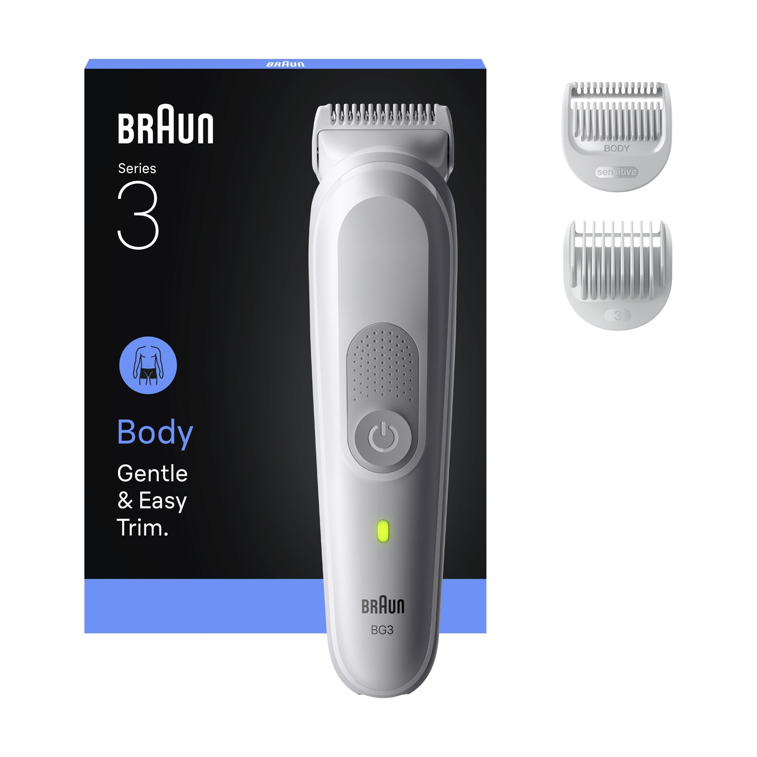 Un rifinitore corpo Braun Serie 3 bianco con due accessori.