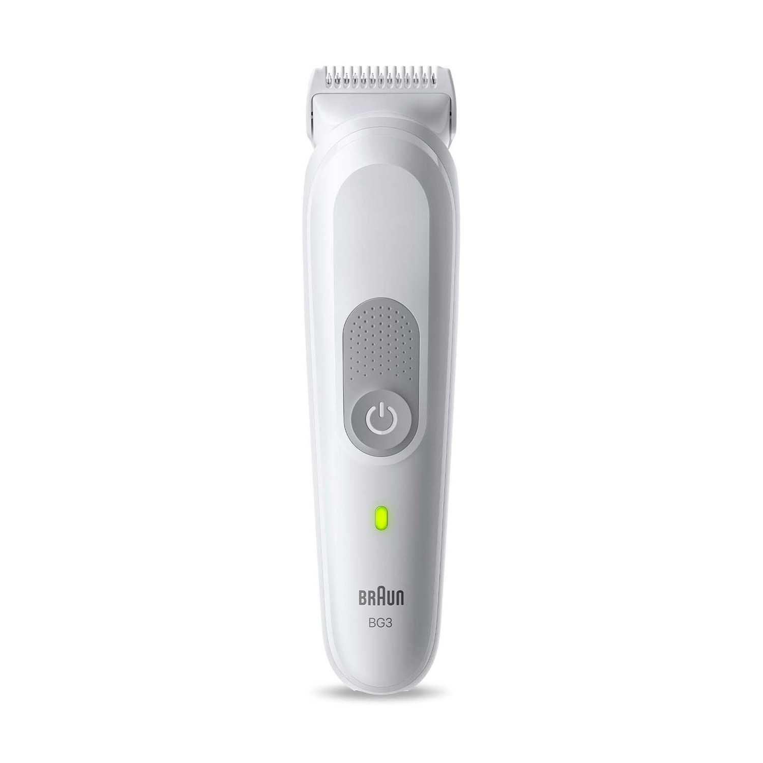 Un rifinitore Braun BG3 bianco con pulsante di accensione e spia verde.