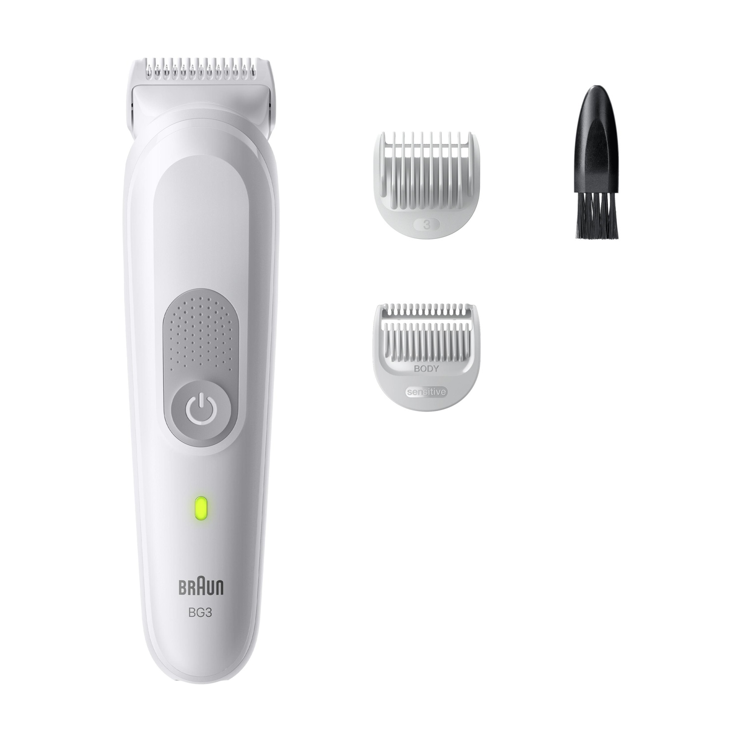 Un rifinitore Braun BG3 bianco con indicatore di carica, accessori e spazzolino.