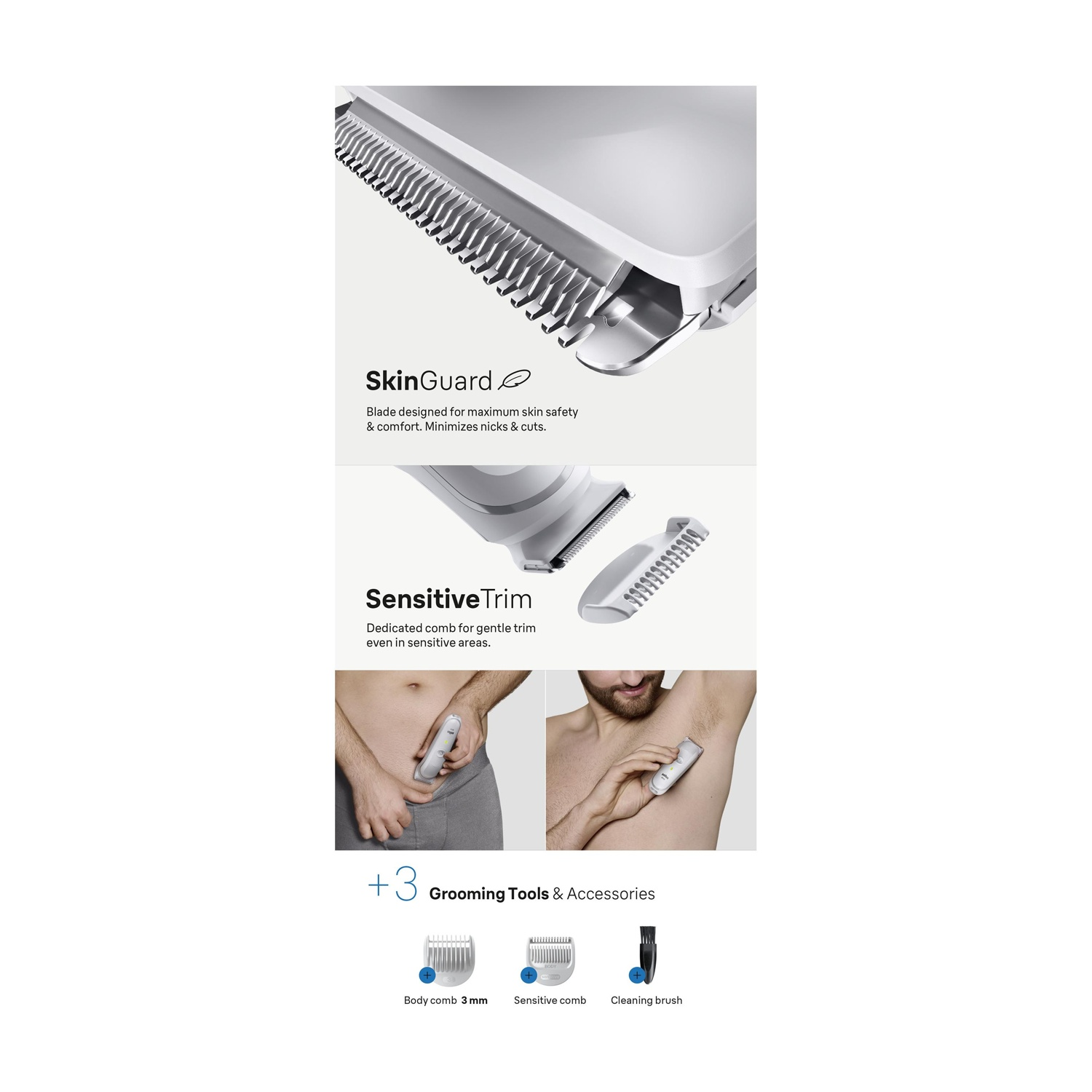 Philips SkinGuard e Sensitive Trim: rifinitore corpo, pettini, spazzola.