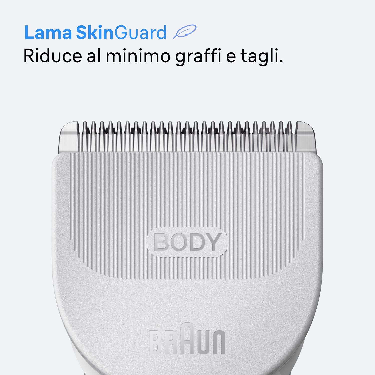 Close-up di un rifinitore corpo Braun bianco con lama SkinGuard.
