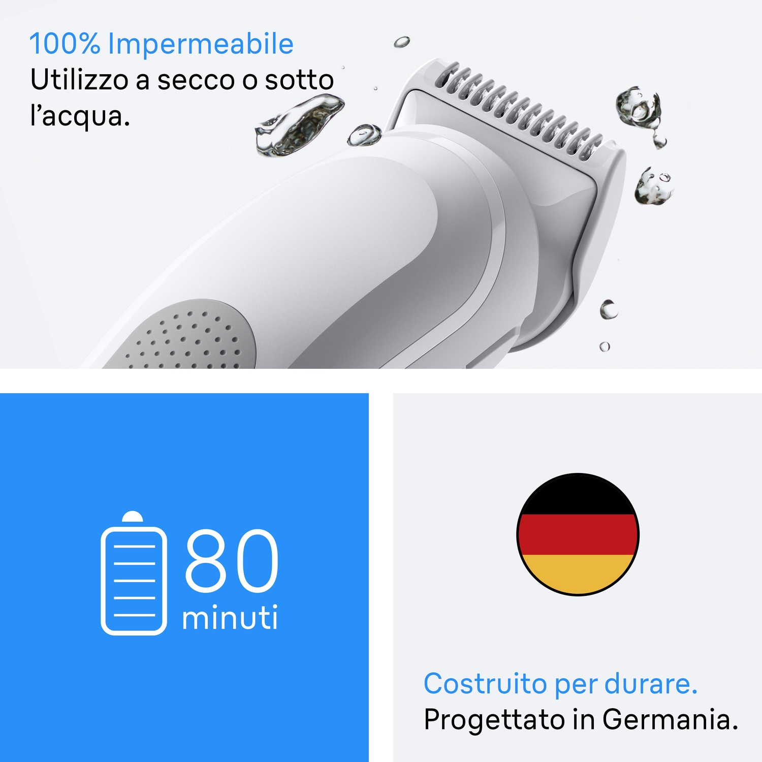 Rasoio impermeabile con 80 min di batteria, progettato in Germania.
