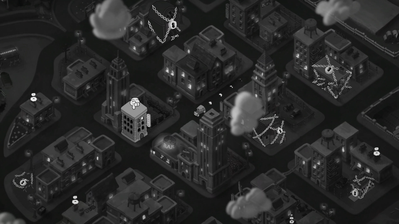 Stylizowany widok miasta nocą z budynkami i łańcuchami.