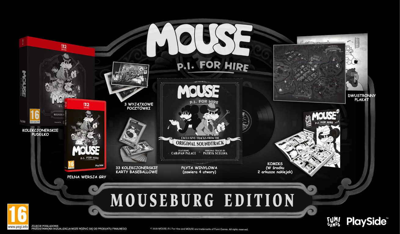 Edycja "Mouseburg" gry "Mouse P.I. for Hire" z pudełkiem kolekcjonerskim, grą, ścieżką dźwiękową, komiksem, plakatem.