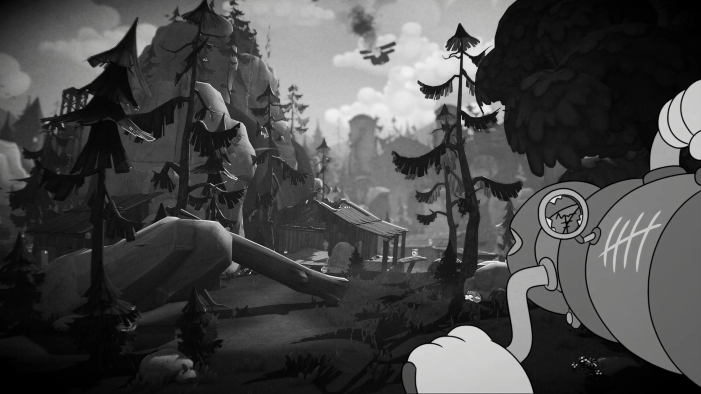 Scena kreskówkowa z samolotem na niebie nad lasem i postacią na pierwszym planie.