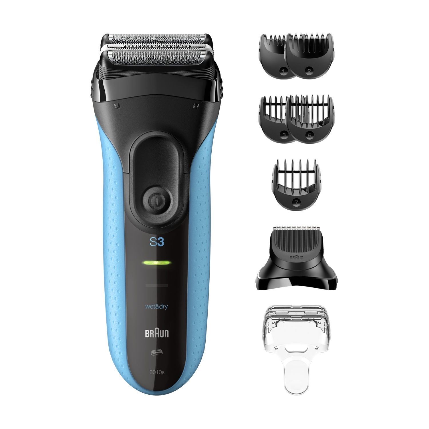 Un rasoio elettrico blu e nero con accessori: pettini e testina di rasatura.