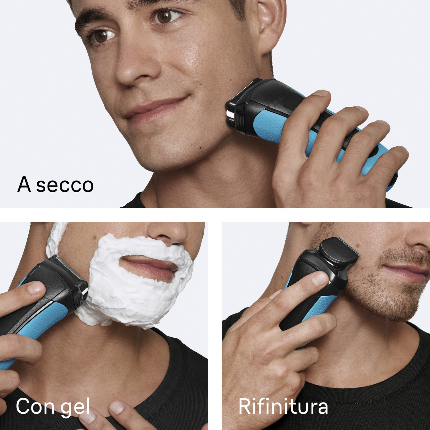 Uomo si rade a secco, con gel e per rifinire.