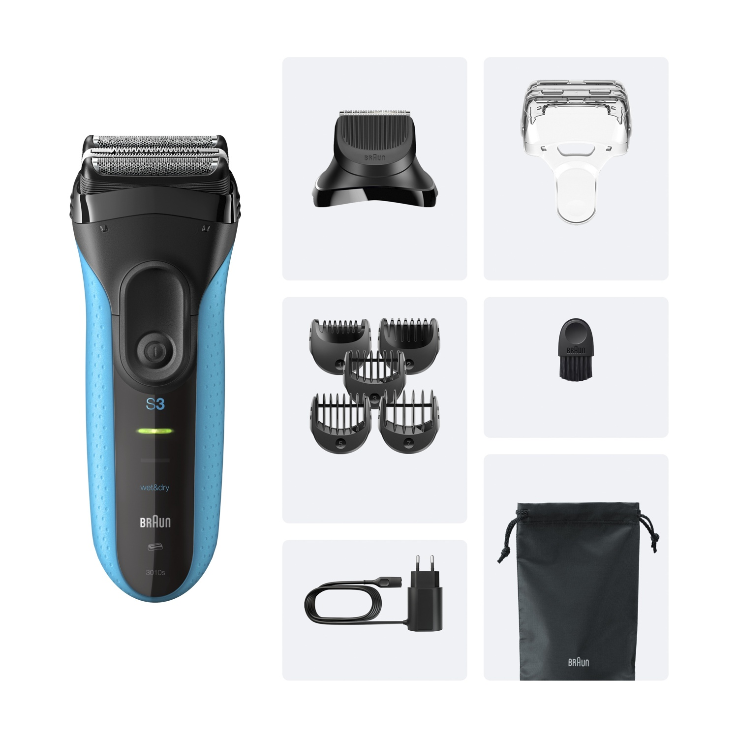 Un rasoio Braun blu e nero con accessori: accessori, cavo di ricarica, custodia.