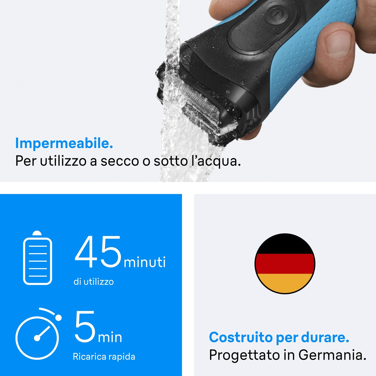 Rasoio impermeabile: 45 min d'uso, ricarica rapida 5 min, progettato in Germania.