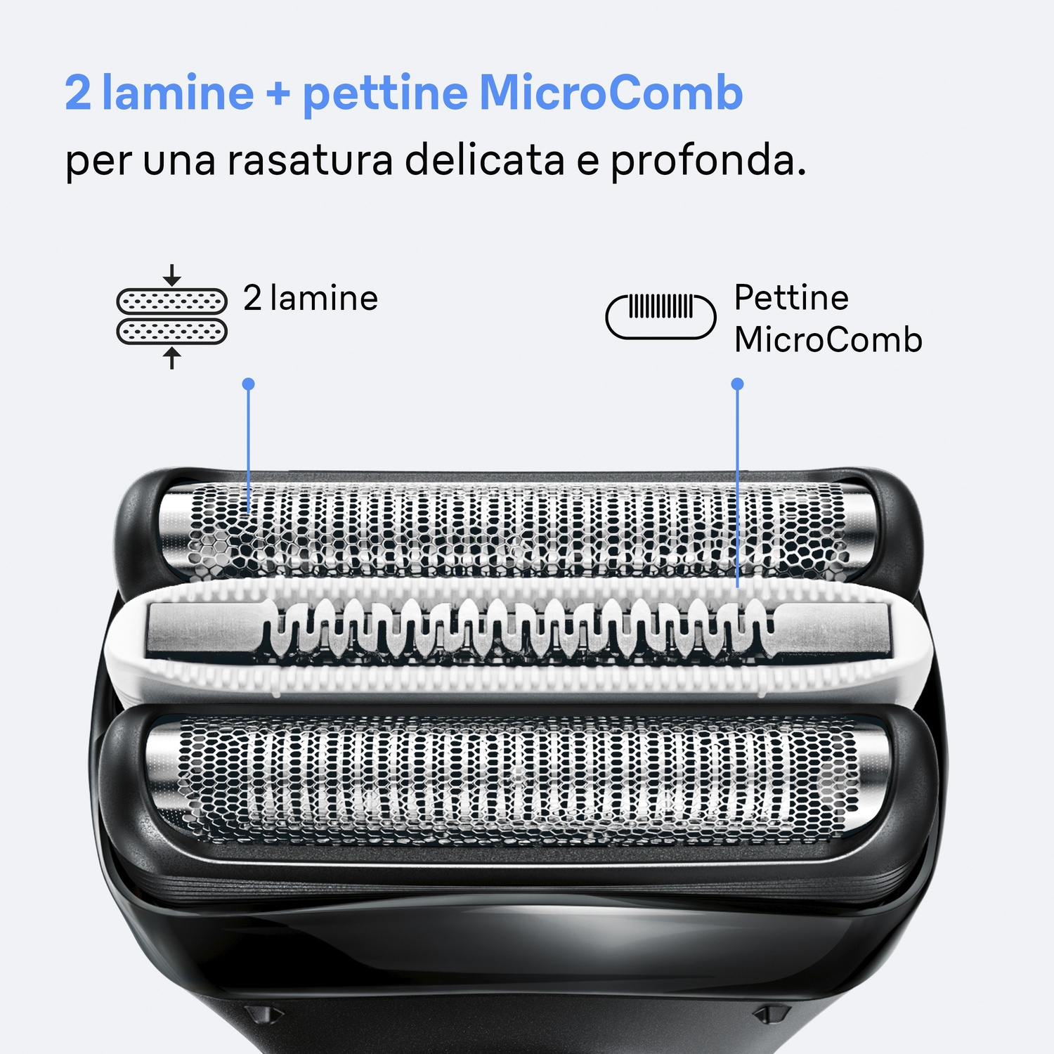 Primo piano di una testina di rasoio con due lamine e pettine MicroComb.
