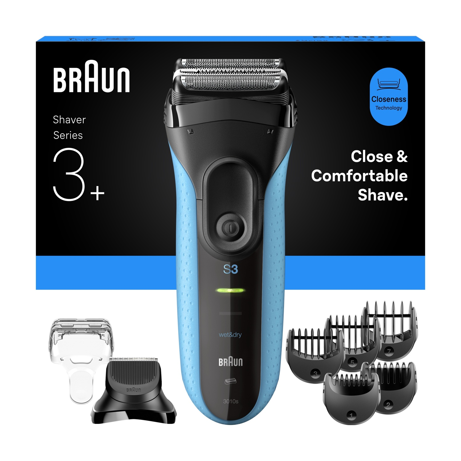 Un rasoio elettrico Braun Serie 3 blu e nero con accessori.