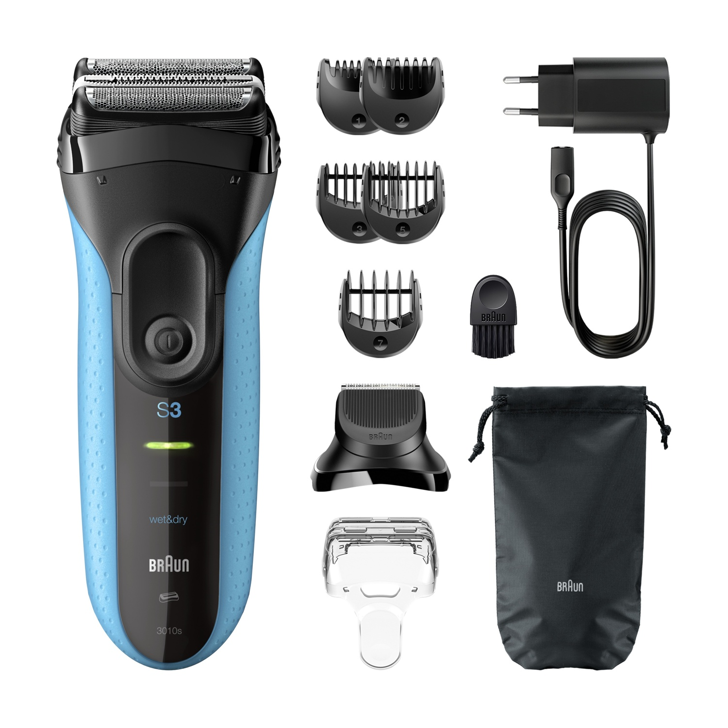 Un rasoio elettrico blu e nero con accessori: pettini, caricabatterie, spazzola, custodia.