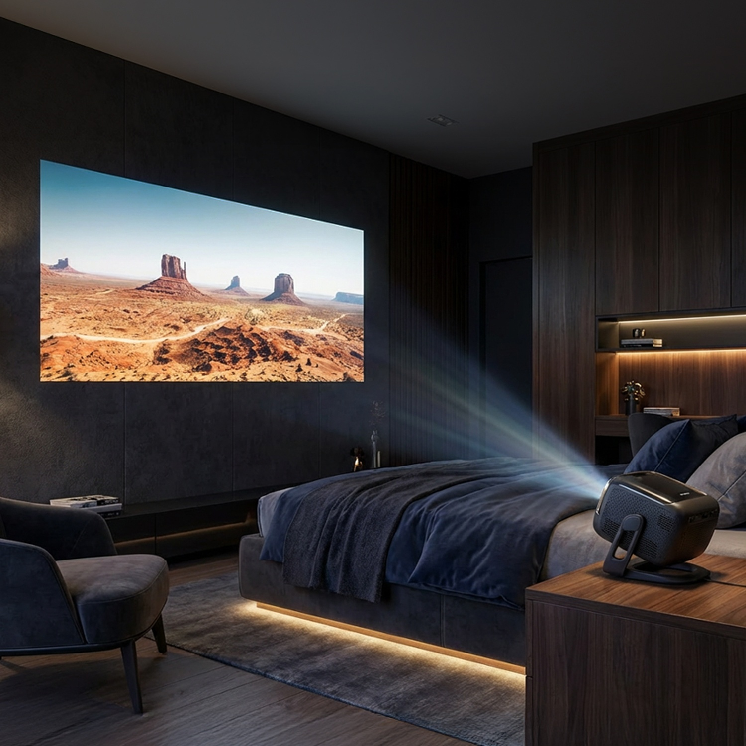 Un proiettore mostra Monument Valley su un grande schermo in una camera da letto buia.