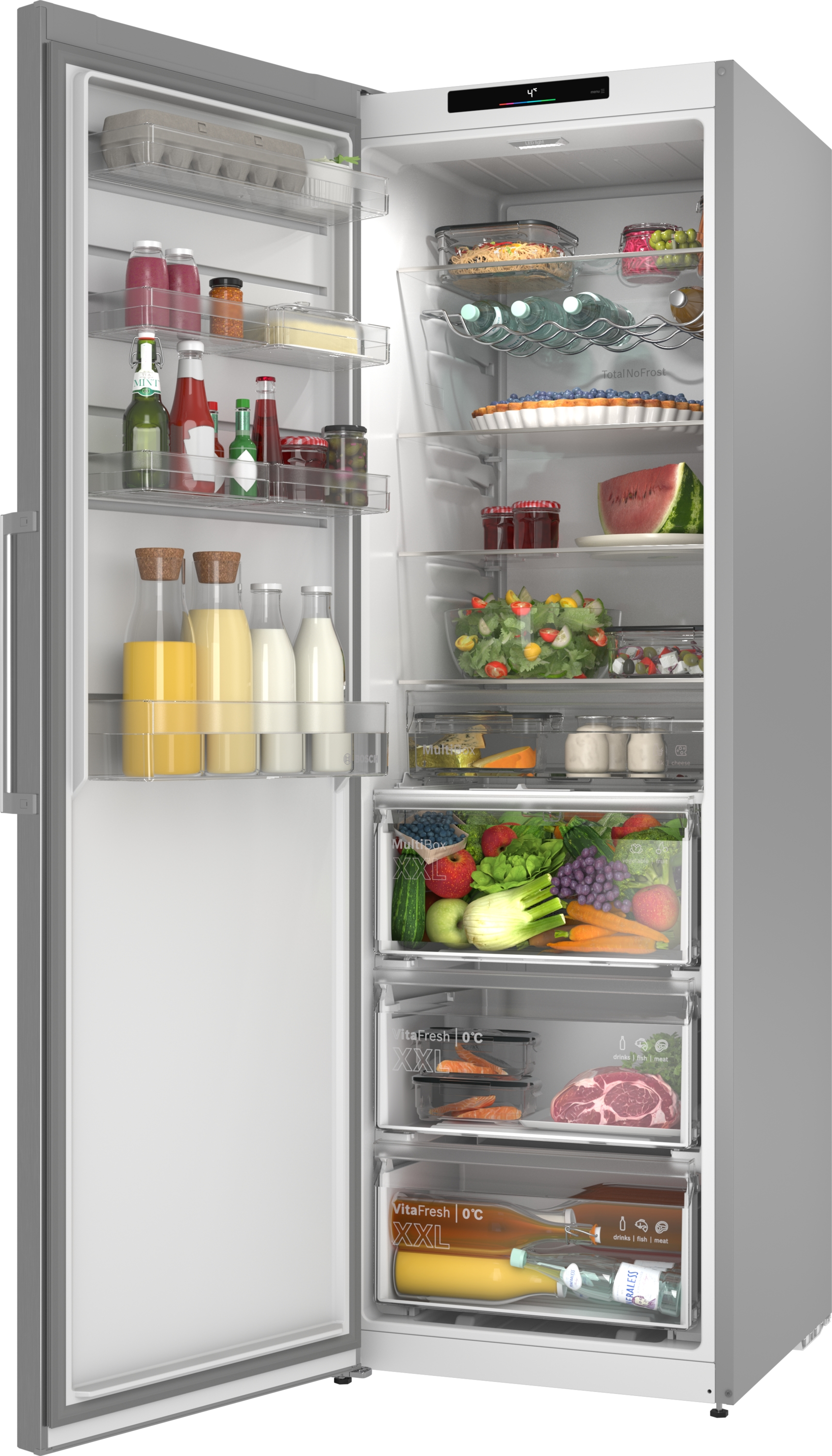 An open refrigerator filled with food items like fruits, vegetables, meat, and drinks.