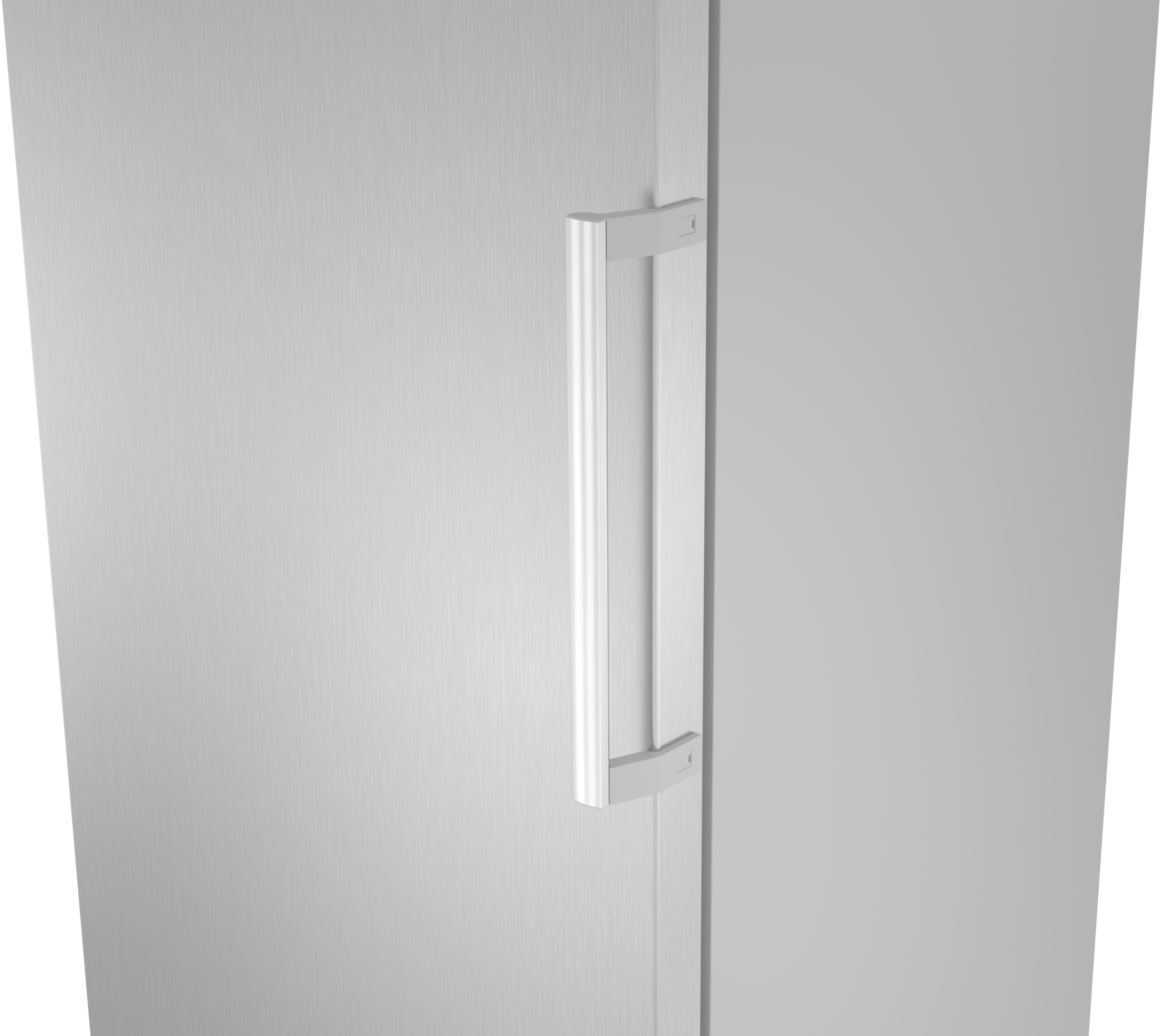 A silver refrigerator handle on a brushed metal surface.