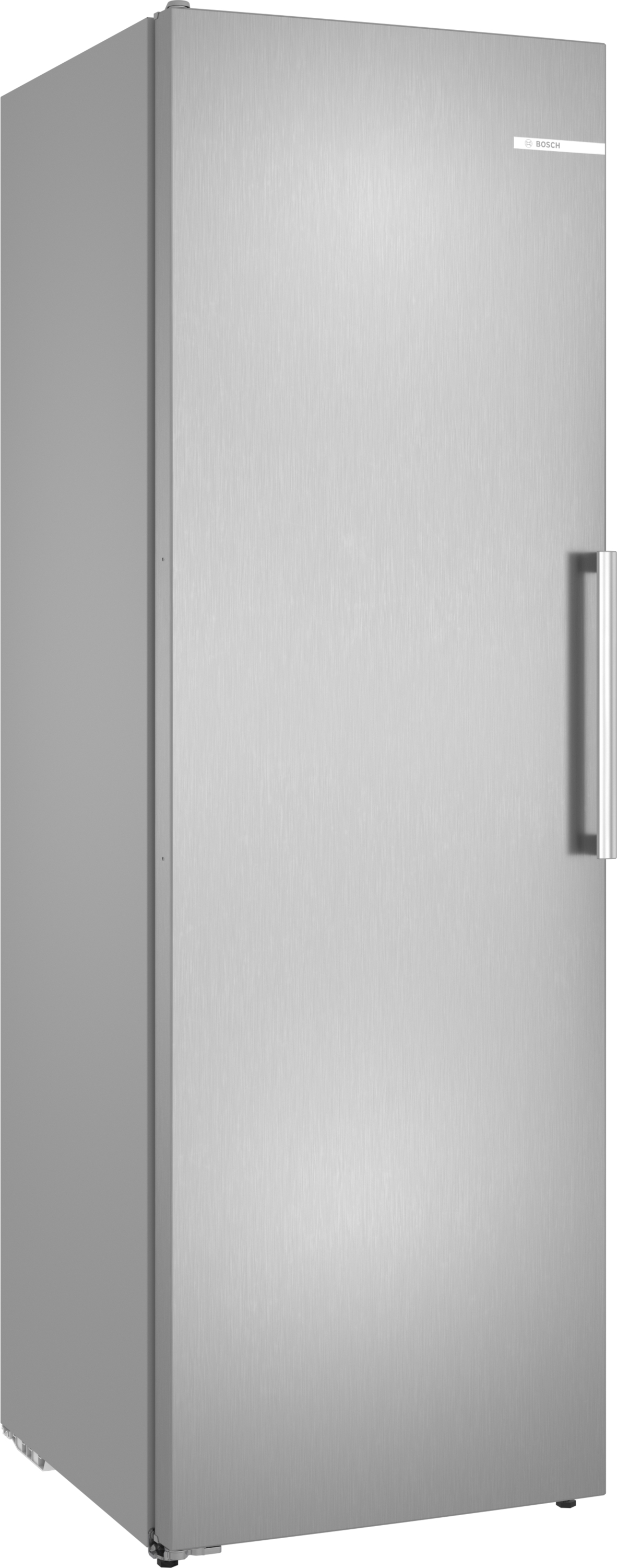 A silver Bosch refrigerator with a brushed metal finish and a silver handle.