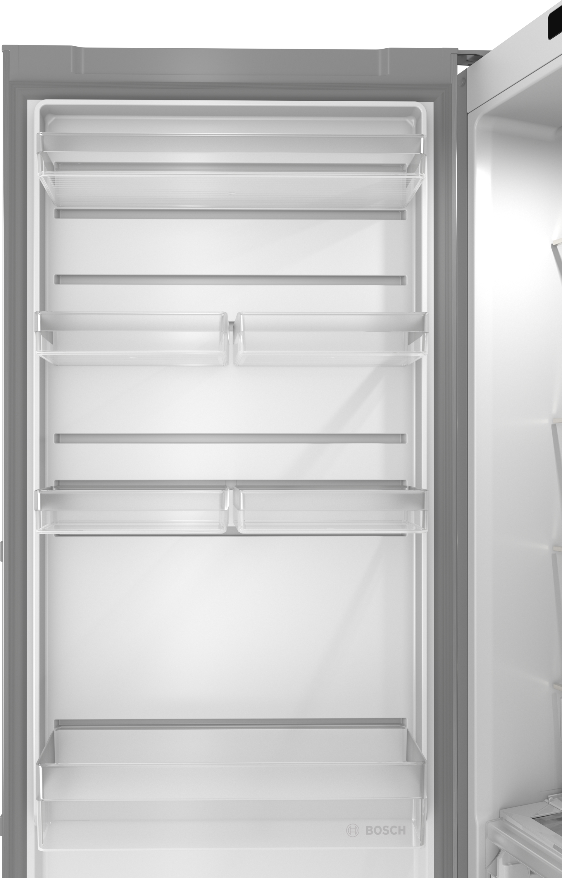 Empty refrigerator interior with glass shelves and clear bins.