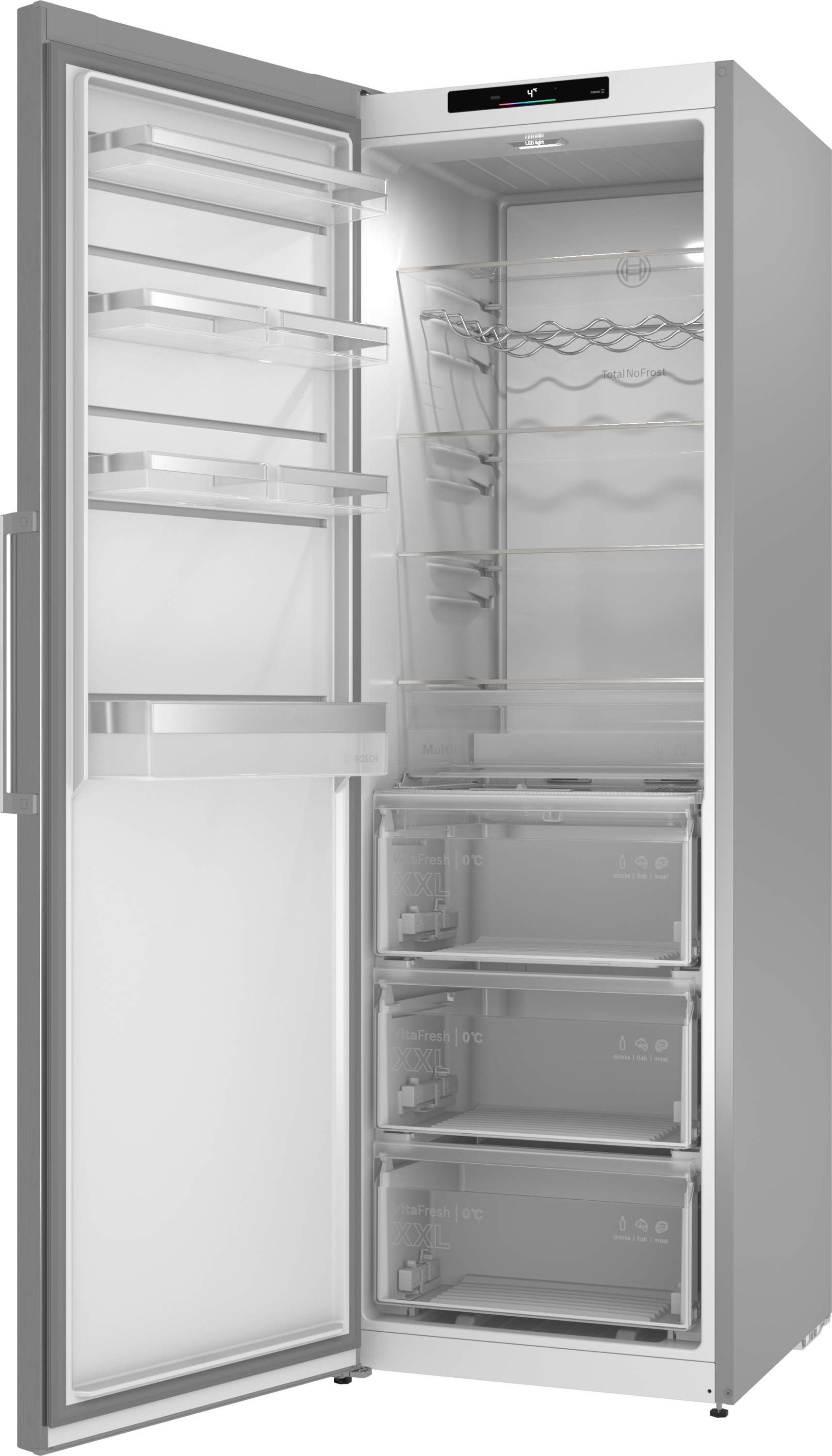 An open, silver refrigerator with multiple glass shelves and three large drawers.