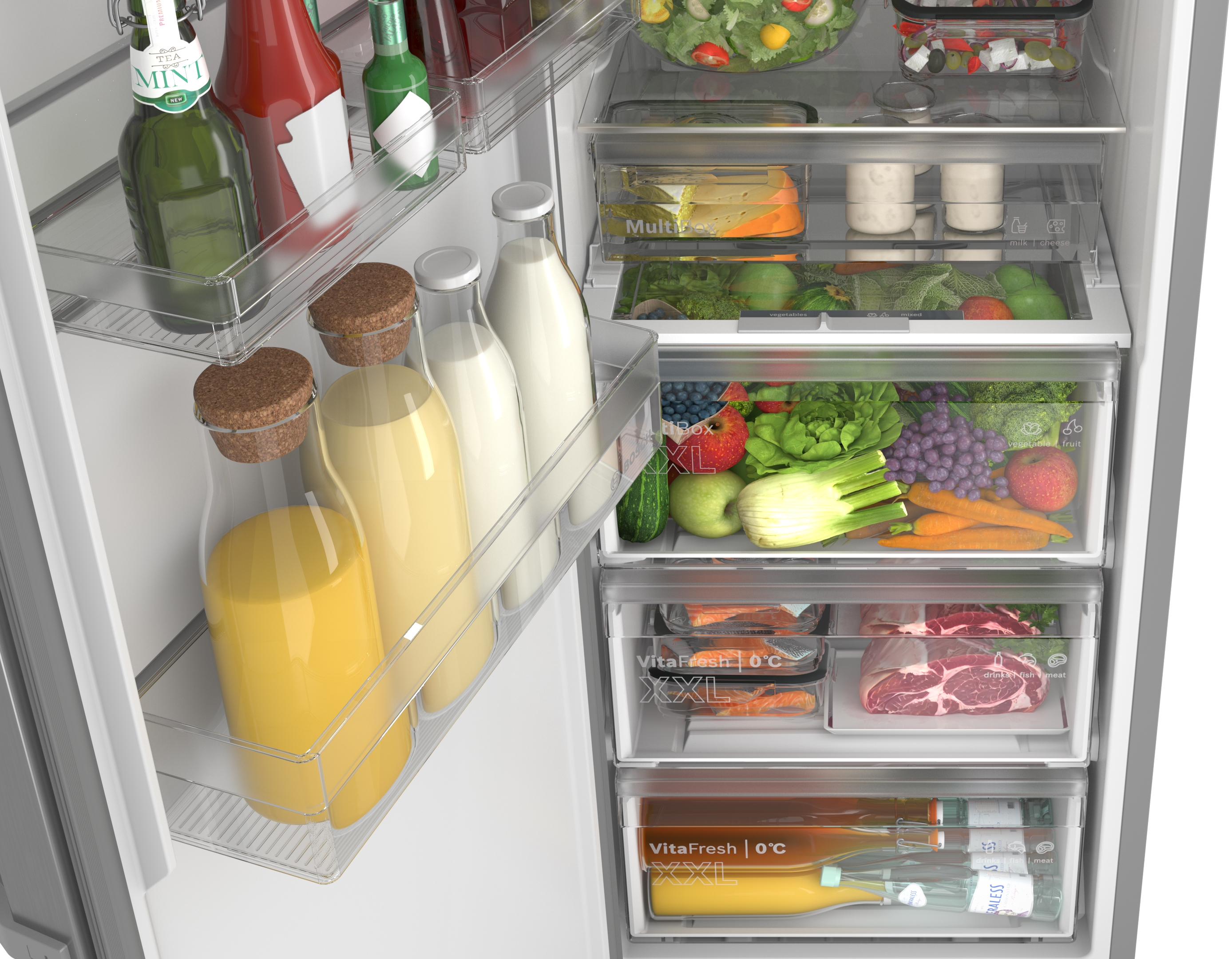 A refrigerator with its door open, filled with food items.