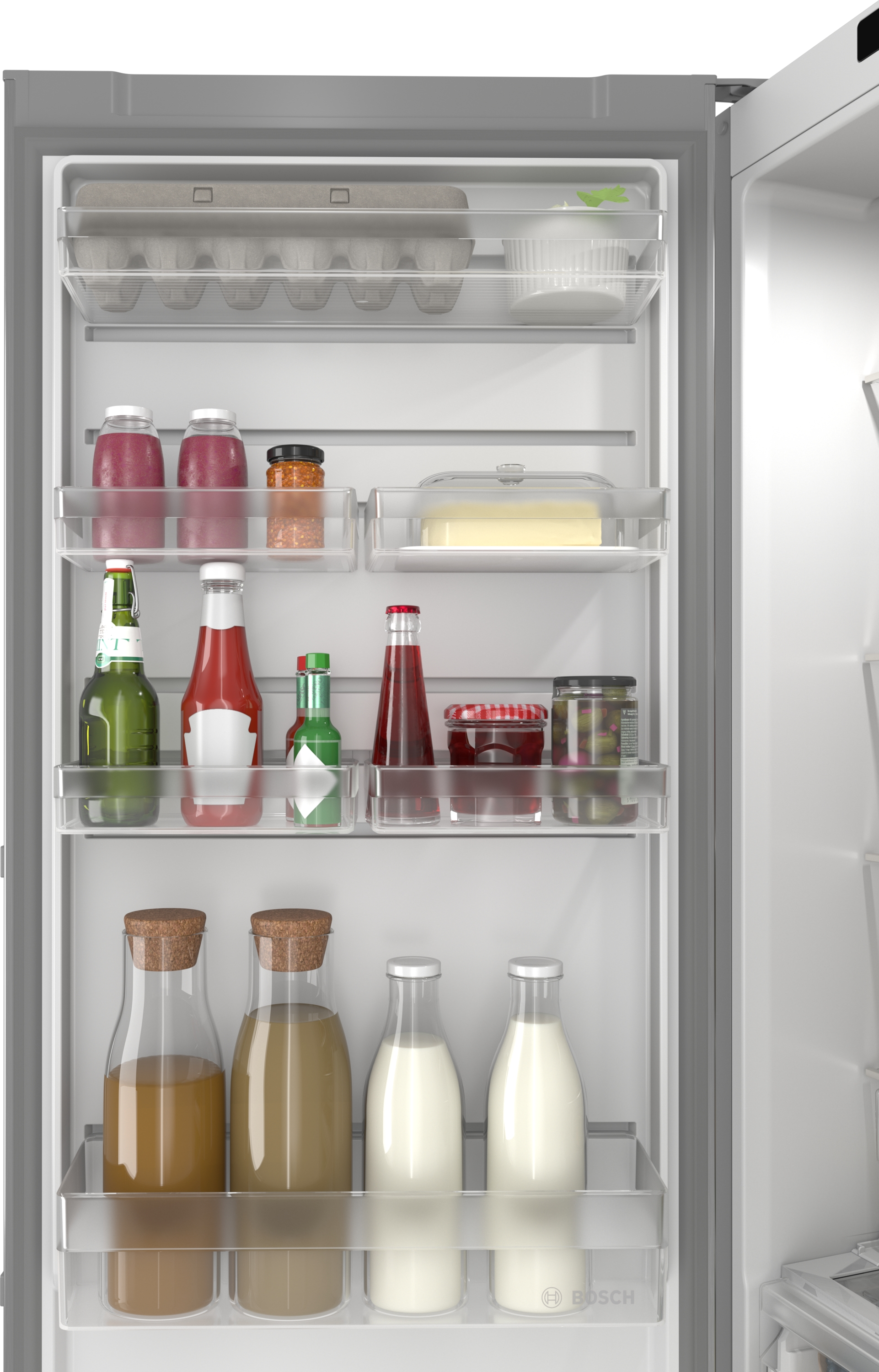 Refrigerator shelves stocked with bottles, jars, and an egg carton.