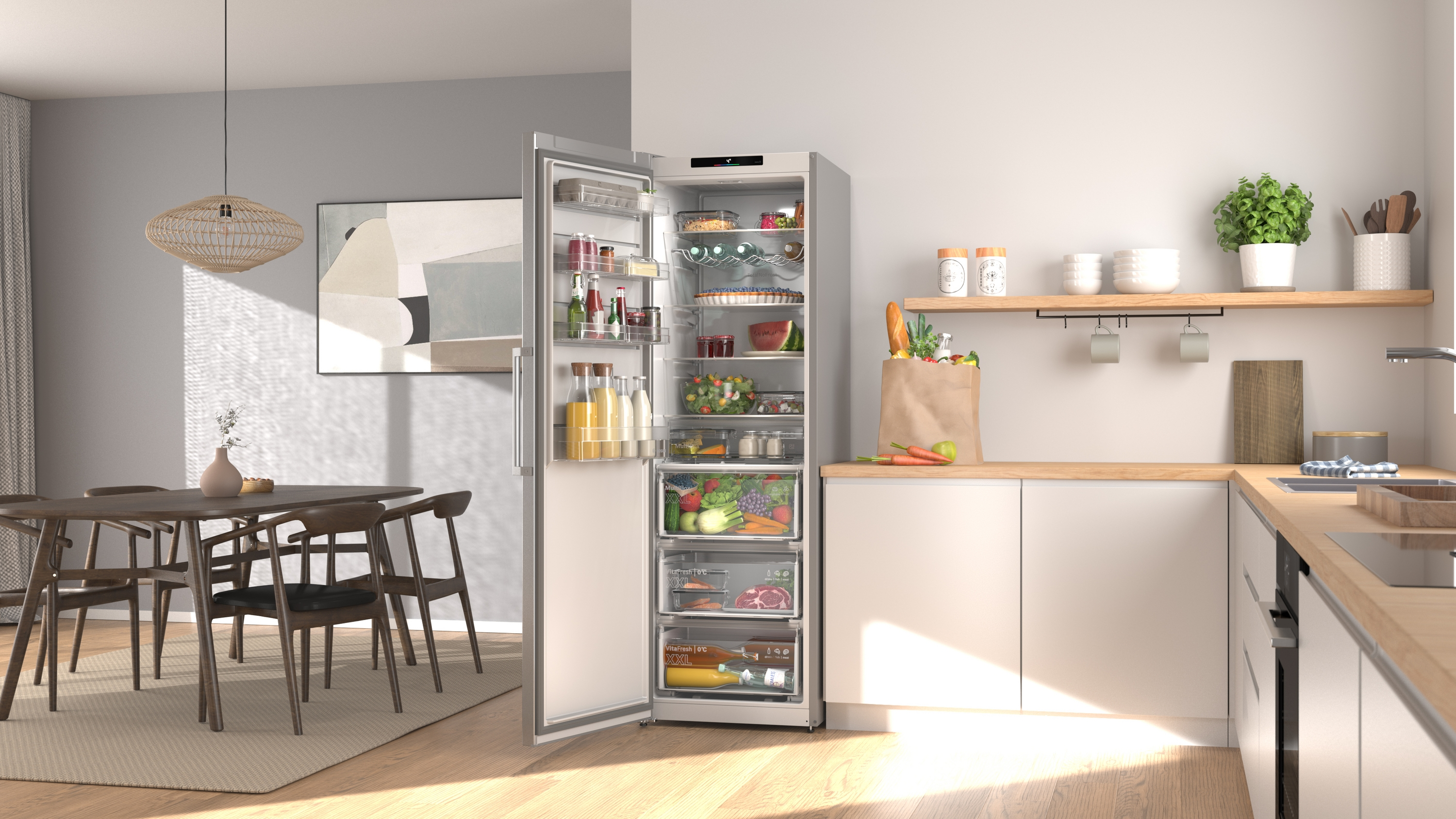 Open refrigerator filled with food next to a wooden dining table and chairs.