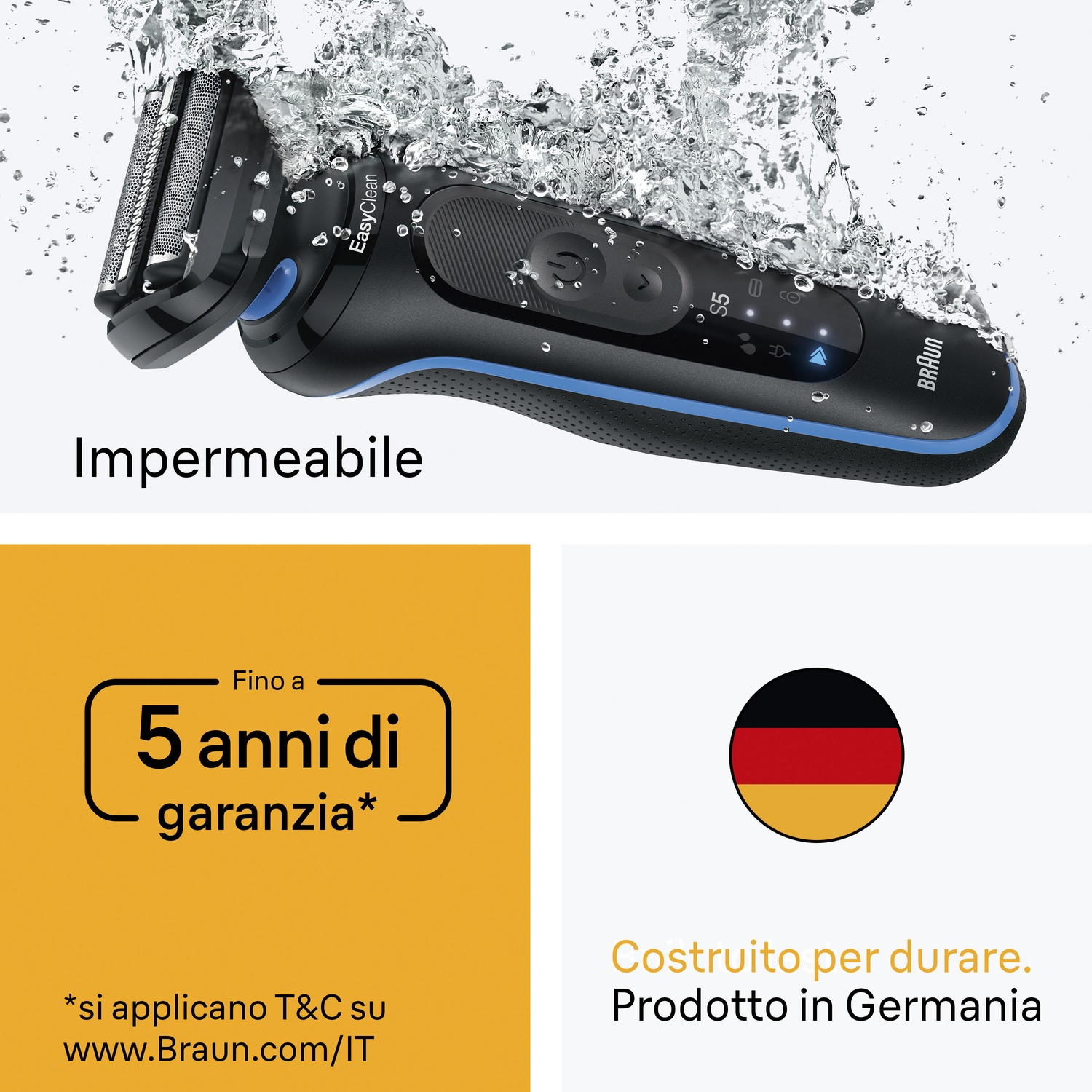 Un rasoio Braun nero impermeabile con accenti blu viene schizzato d'acqua.