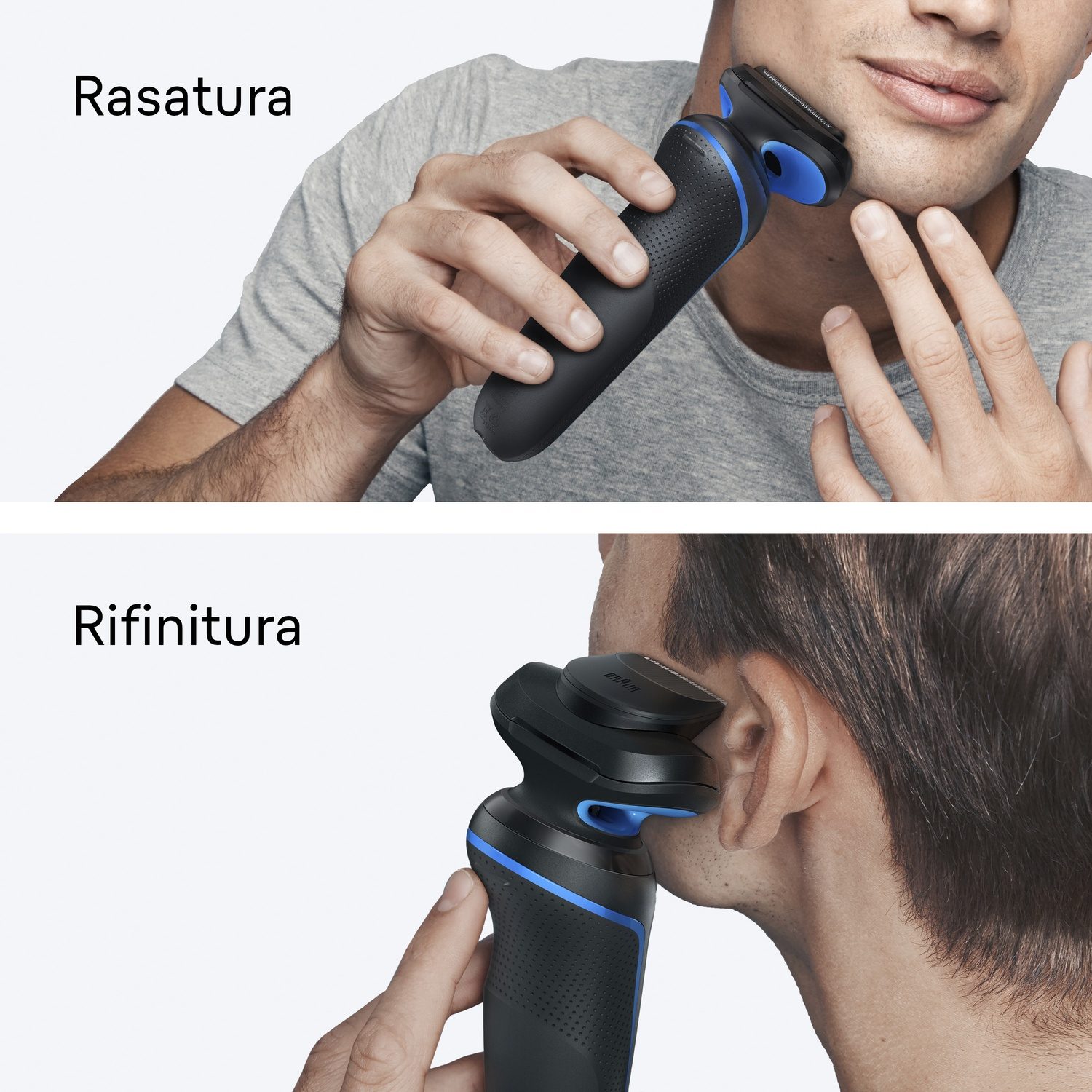 Uomo rade viso e contorni con un rasoio elettrico.