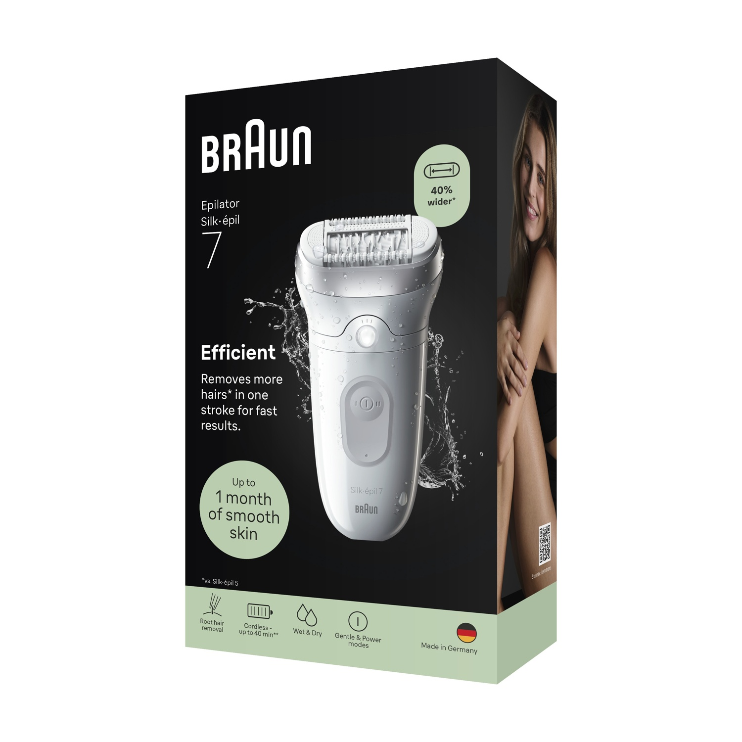 Epilatore Braun Silk-épil 7, bianco, con donna e caratteristiche prodotto su confezione.