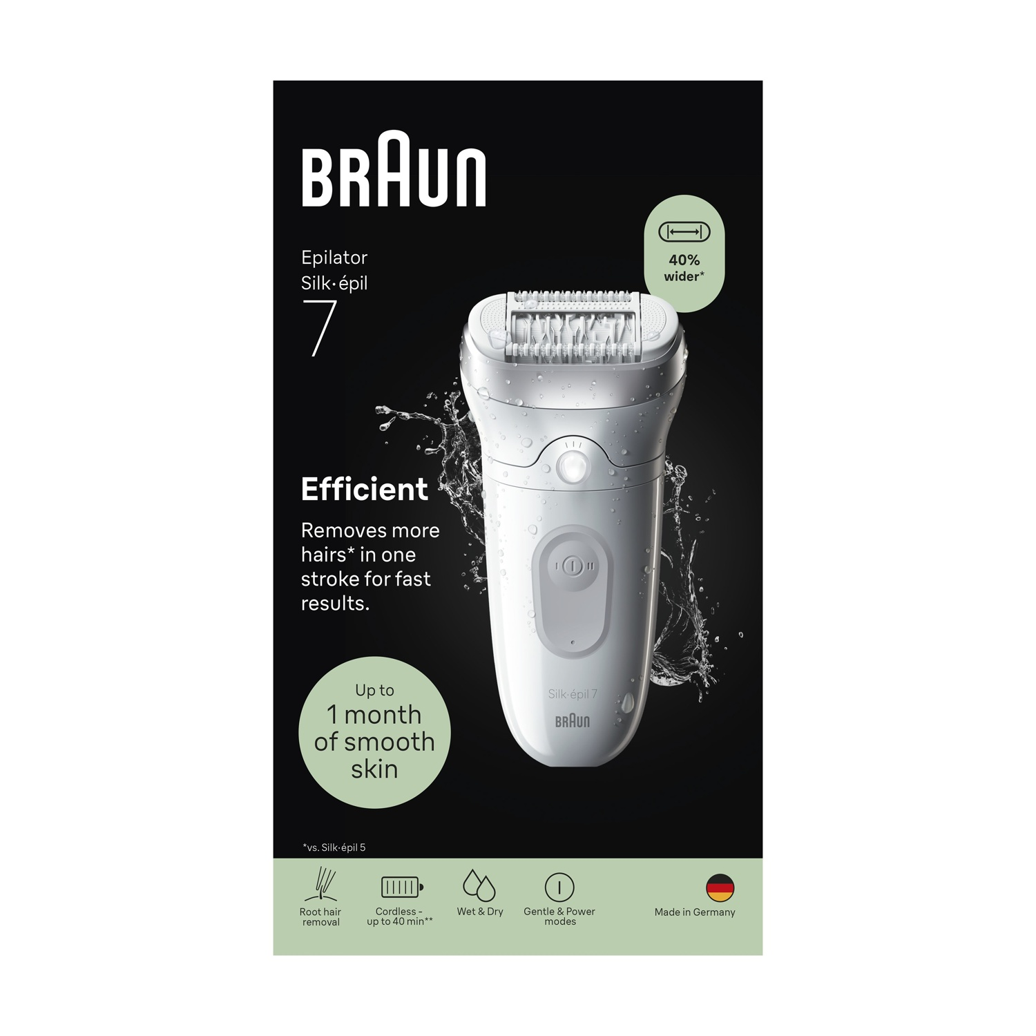 Un epilatore Braun Silk-épil 7 bianco con schizzi d'acqua e testina più larga del 40%.