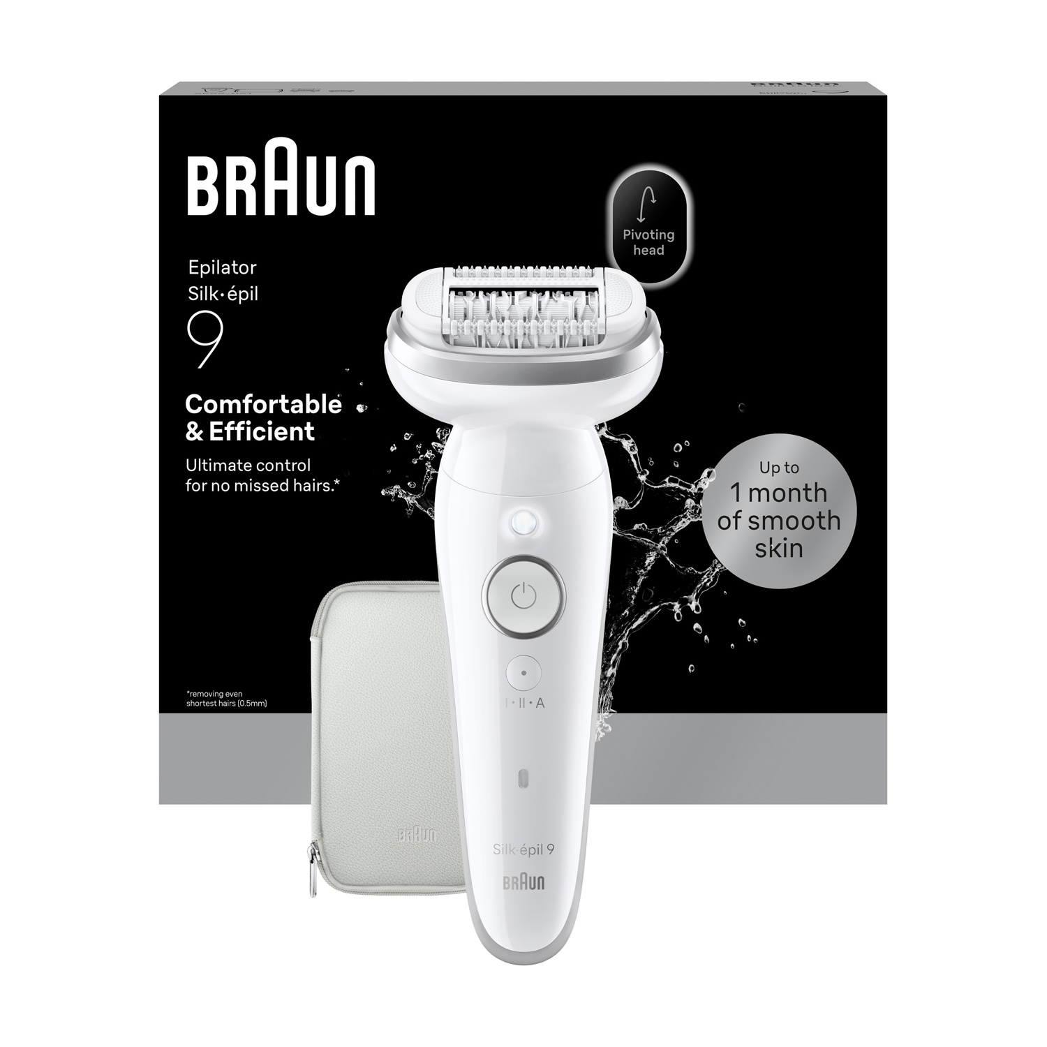 Un epilatore Braun Silk-épil 9 bianco con accessori e informazioni sul prodotto sulla scatola.