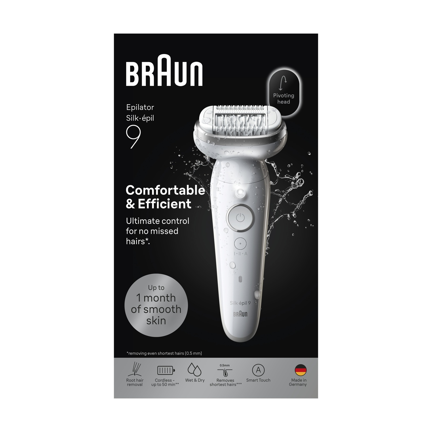 Un epilatore Braun Silk-épil 9 bianco con testina pivotante, pubblicizzato per comfort ed efficienza.