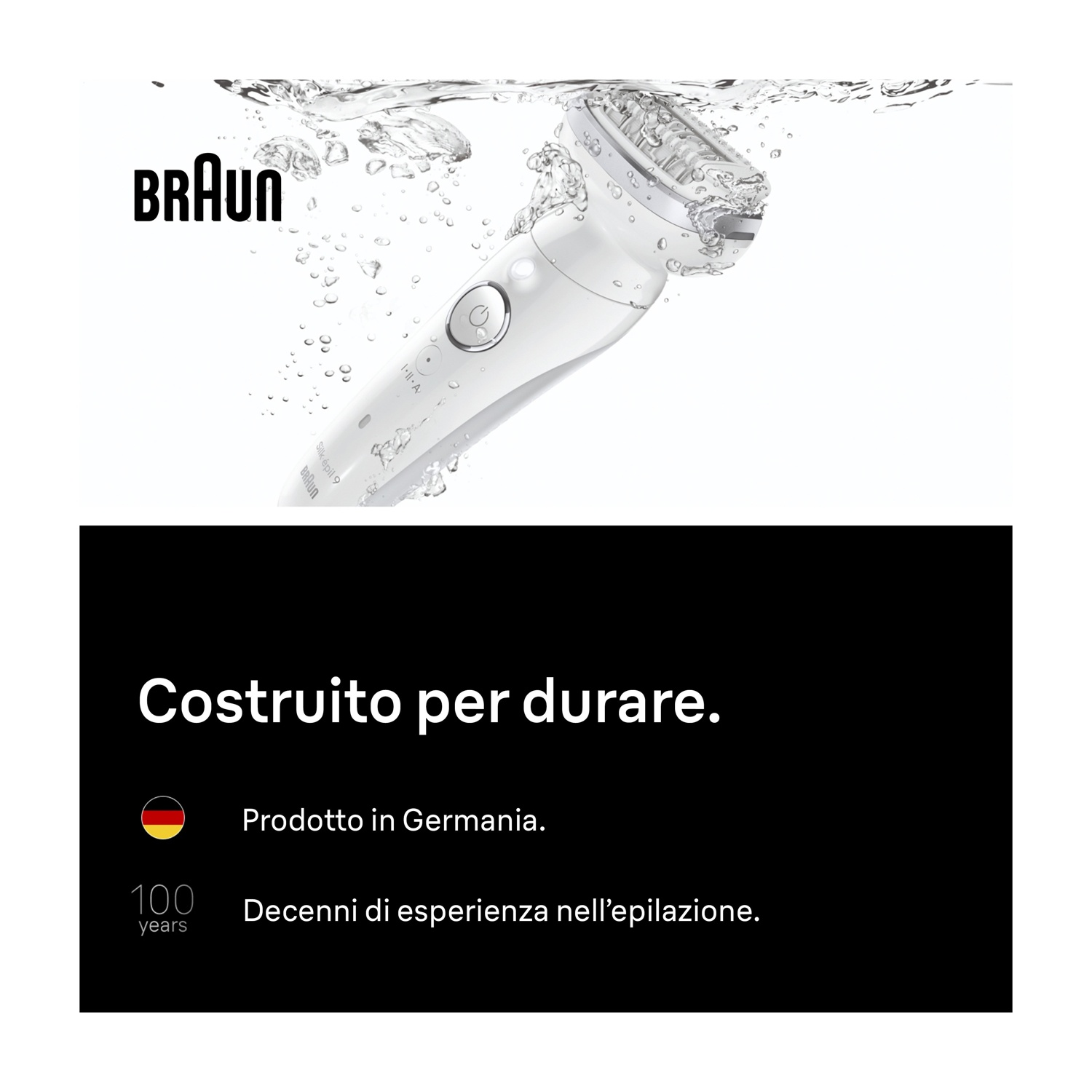 Un epilatore Braun bianco immerso in acqua, con il logo Braun.