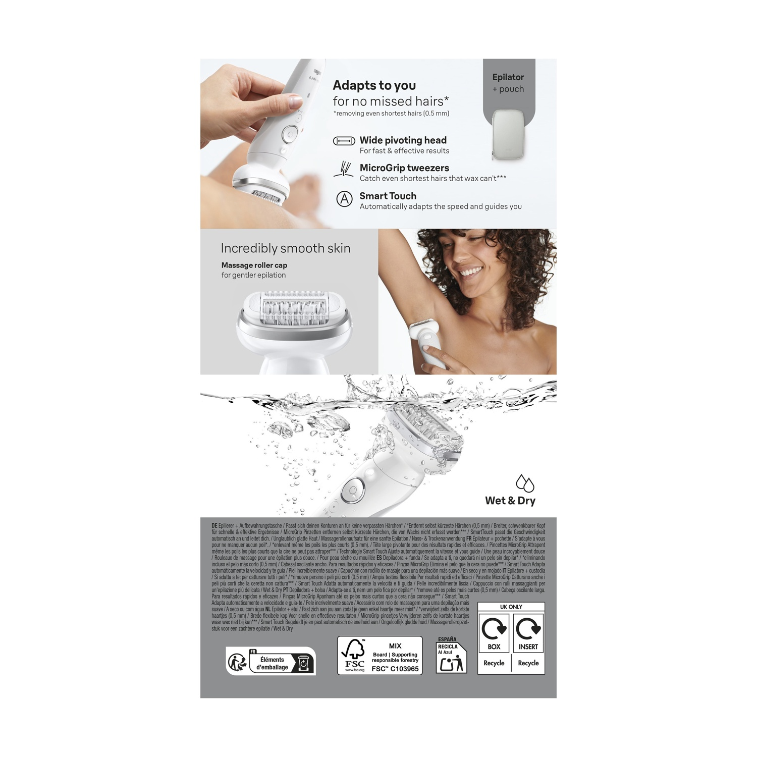Epilatore con accessori: testina larga, pinzette MicroGrip, Smart Touch per epilazione delicata.