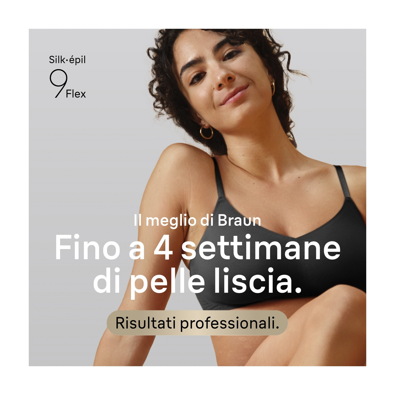Donna con capelli scuri indossa reggiseno nero. Testo: Silk-épil 9 Flex.