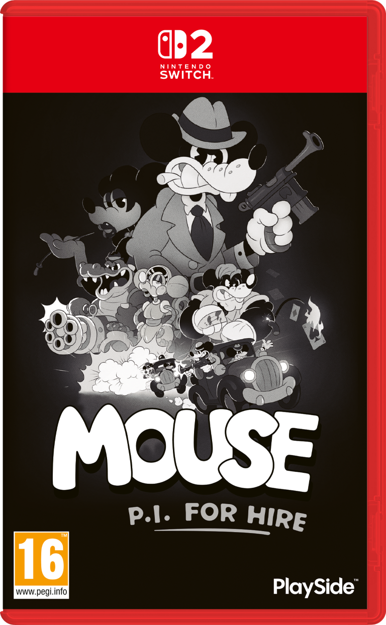 Czarno-białe postacie z kreskówek w garniturach i kapeluszach, niektórzy z bronią, prowadzą samochody.