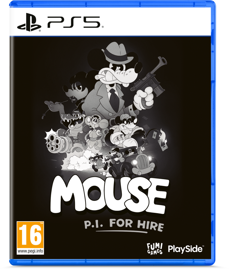 Myszka Miki w stylu film noir z pistoletem i ekipą gangsterów. Okładka PS5.