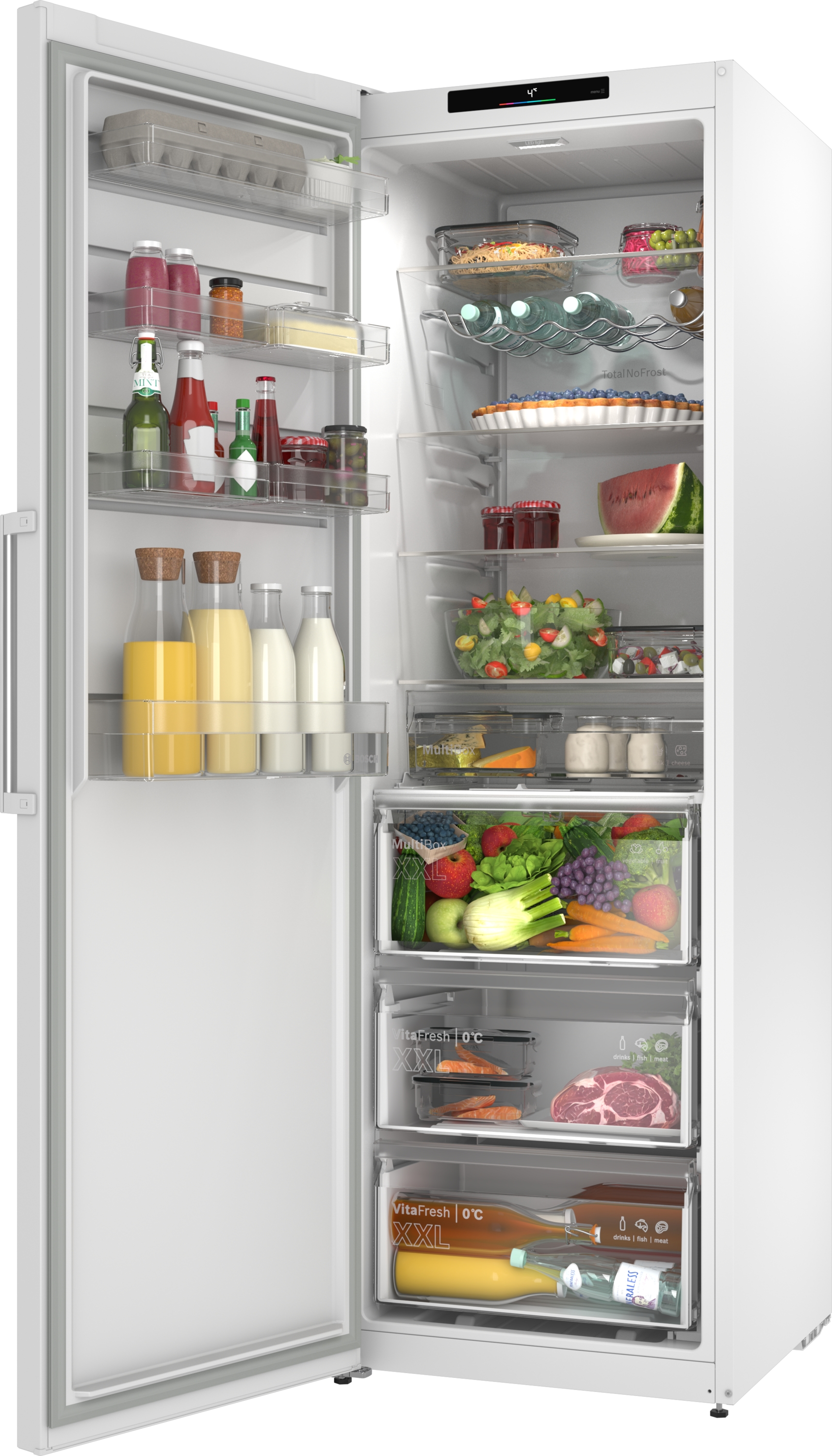 Open refrigerator with food items like fruits, vegetables, meat, and drinks.