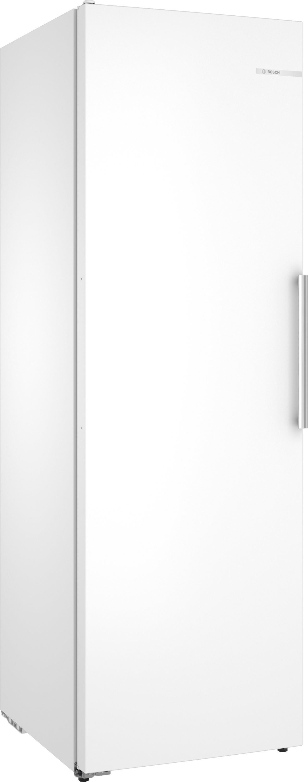 A tall, white Bosch freezer with a silver handle on the right.