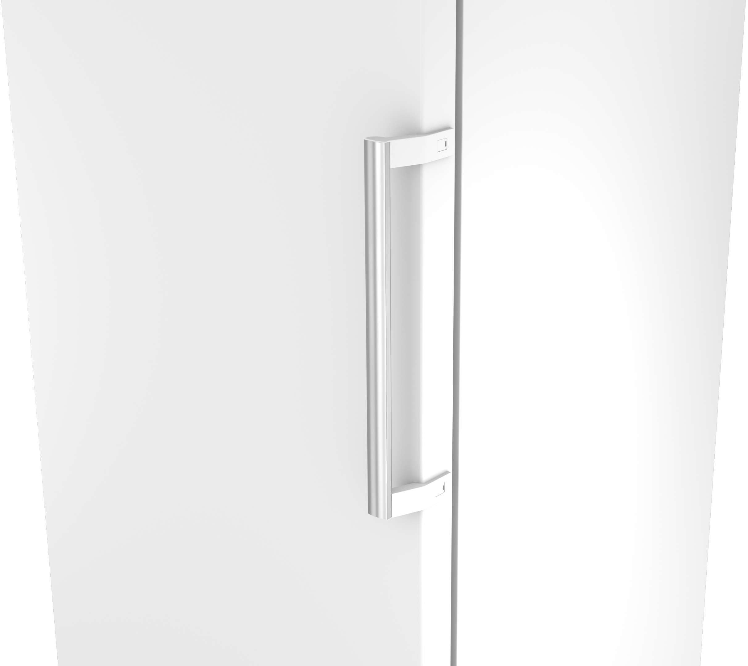 A silver handle on a white door or cabinet.
